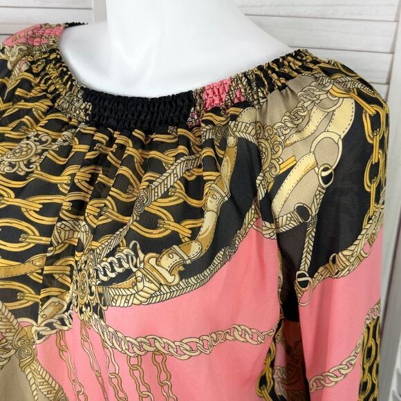 Metaphor Equestrian Print Chiffon Smocked Neck Blouse Black Pink XL - Picture 5 of 12